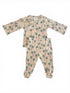 Beige infant outfit with palm tree prints, featuring a wrap top and matching pants.