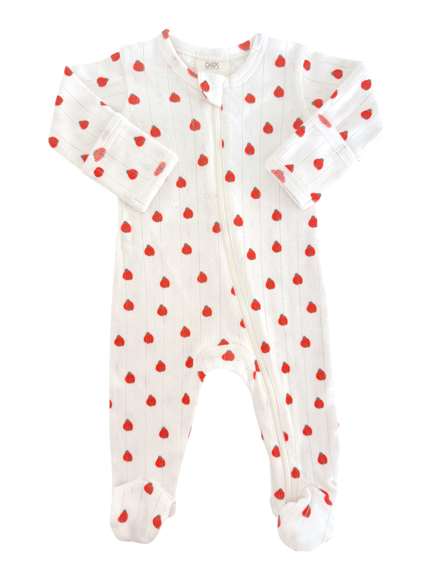 White baby onesie with red strawberry print and long sleeves, featuring a front zipper.