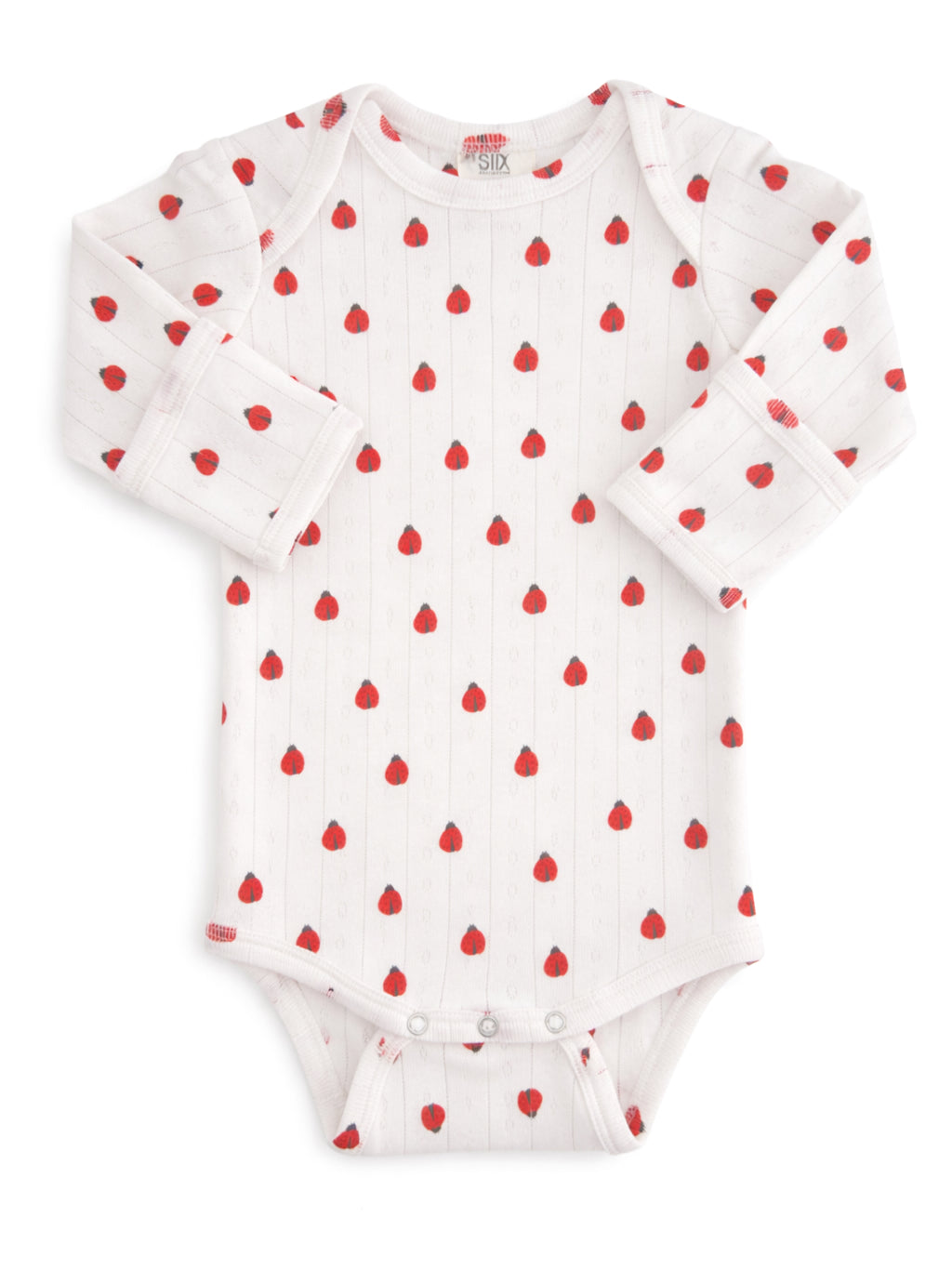 White baby bodysuit with red strawberry pattern and long sleeves, featuring snap closures at the bottom.