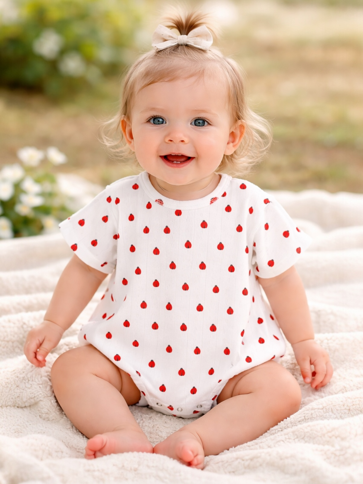 Smiling baby in a red polka dot outfit sitting on a blanket with flowers in the background.