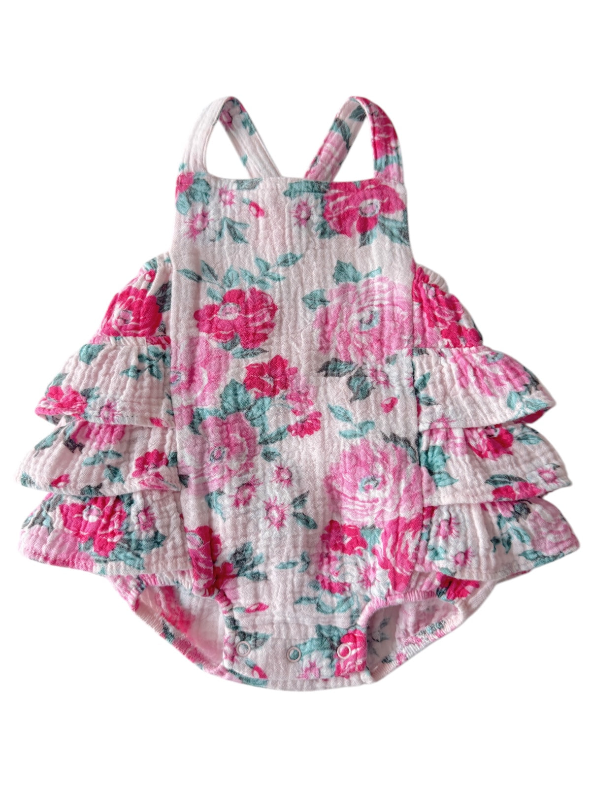 Floral baby romper with pink roses and ruffled sleeves, perfect for warm weather outfits.