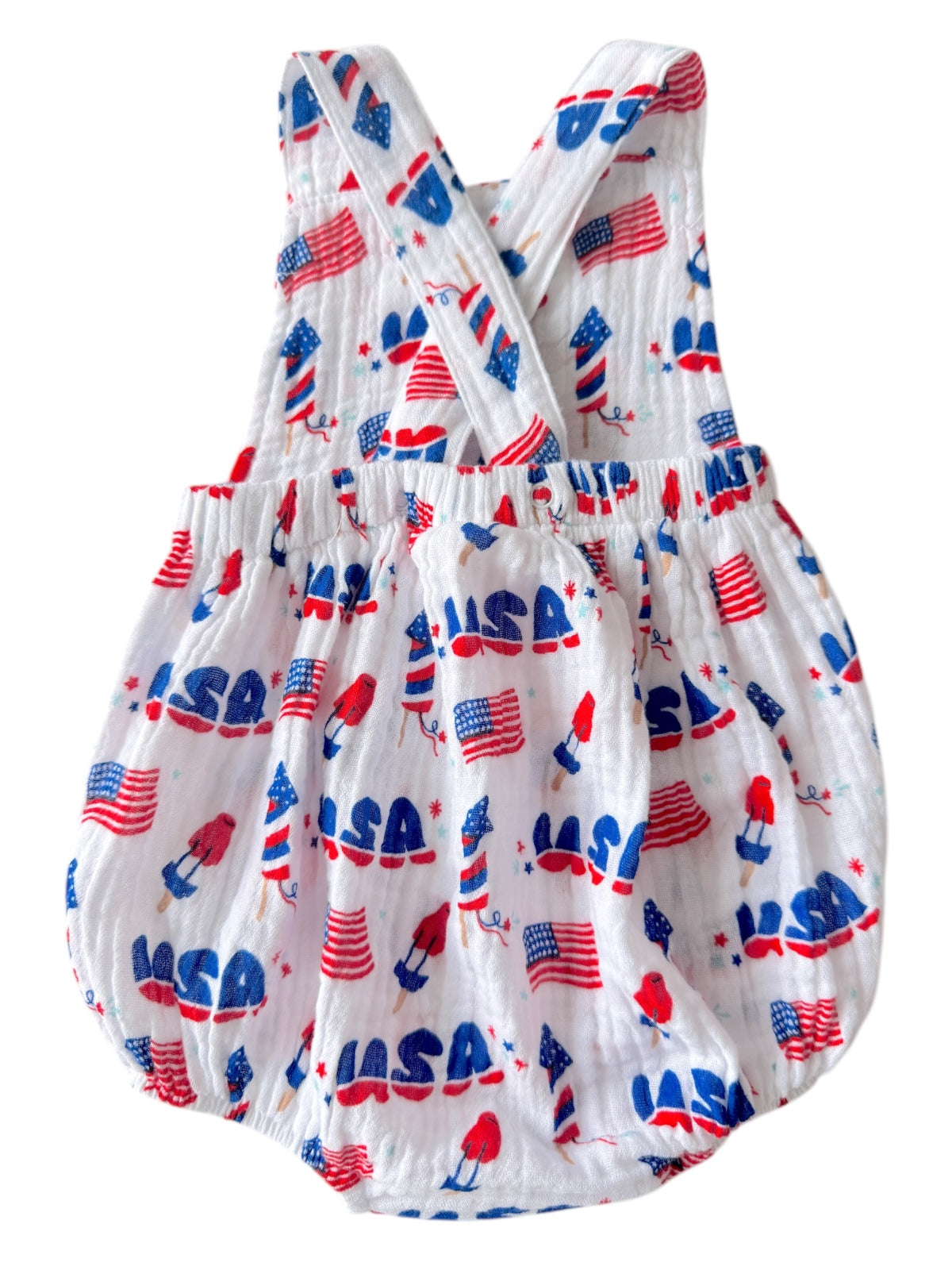 White baby romper with red and blue "USA" print and American flags, perfect for patriotic celebrations.