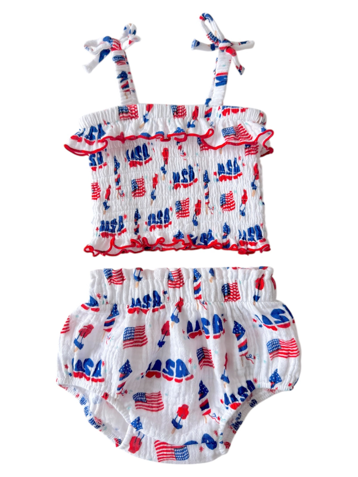 White two-piece swimsuit with red and blue NASA and flag patterns, featuring a ruffled top and matching bottoms.