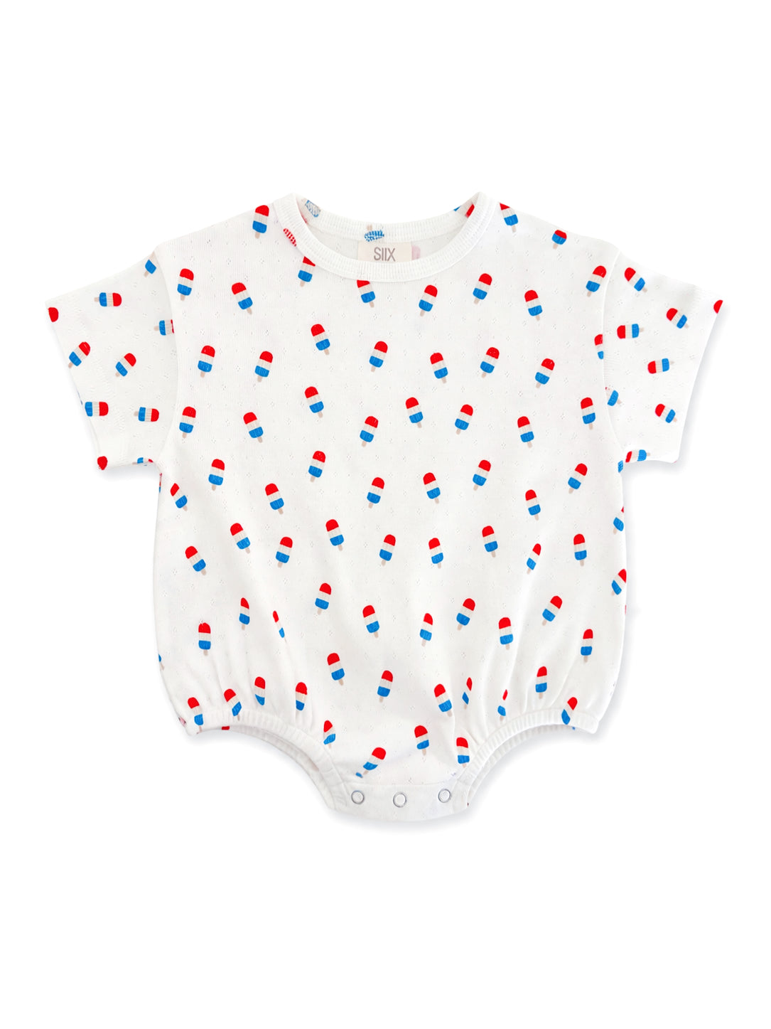 Children's white onesie with red and blue ice cream cone patterns throughout. Short sleeves and snap closure at the bottom.