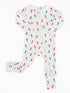 White baby onesie with red and blue popsicle pattern, featuring long sleeves and a zipper closure.
