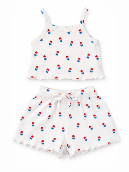 White kids' pajama set featuring red, white, and blue popsicle patterns on a tank top and shorts.