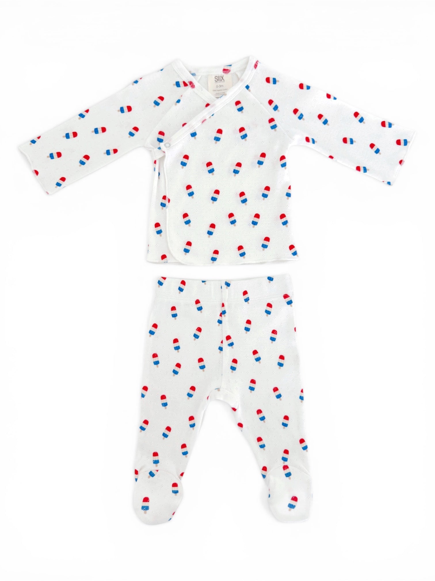 Baby pajamas set with ice cream cone patterns in red, white, and blue on a white background.