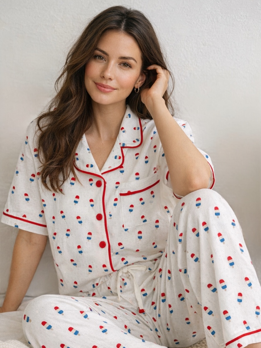 Smiling woman in pajamas with a pill pattern, sitting against a light wall, showing a relaxed and cozy vibe.