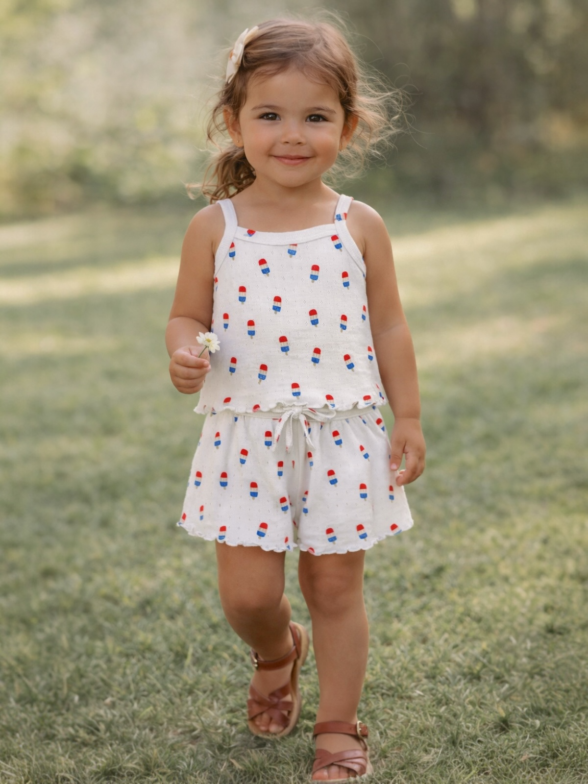 Smiling child in a patterned outfit walks on grass, holding a flower, enjoying a sunny outdoor day.