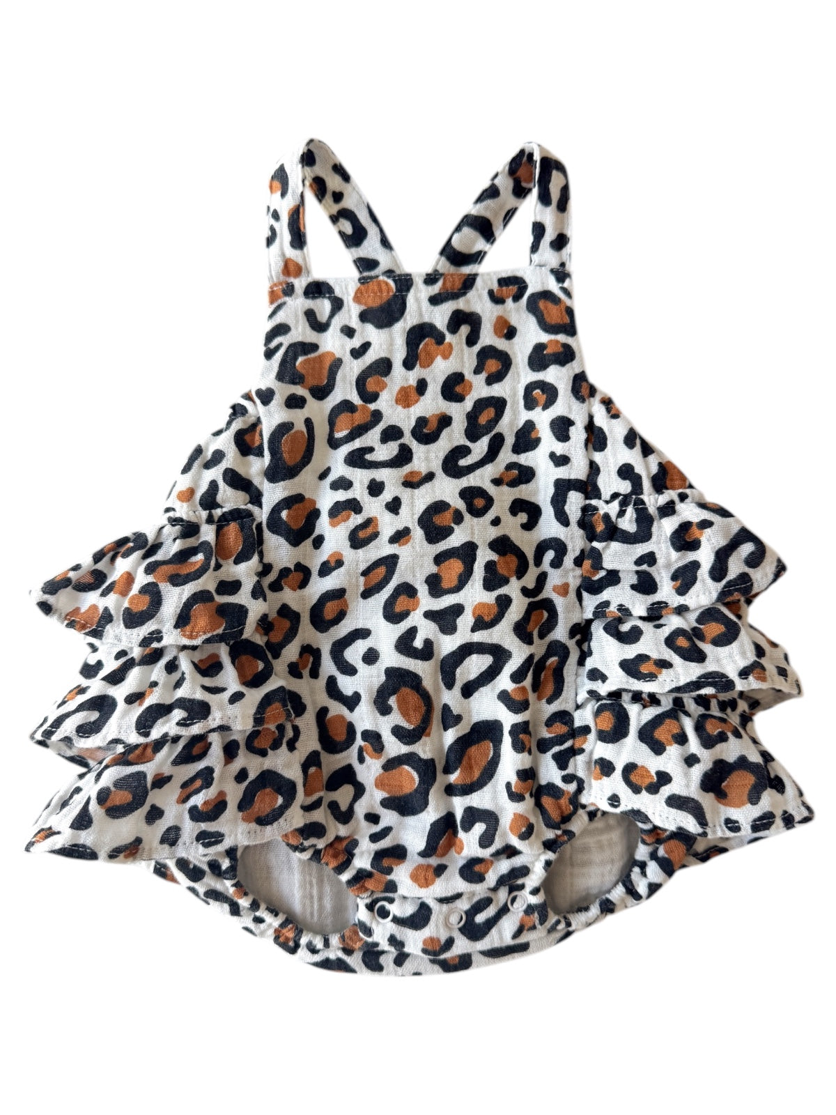 Leopard print baby romper with ruffled layers and adjustable straps, perfect for warm weather.