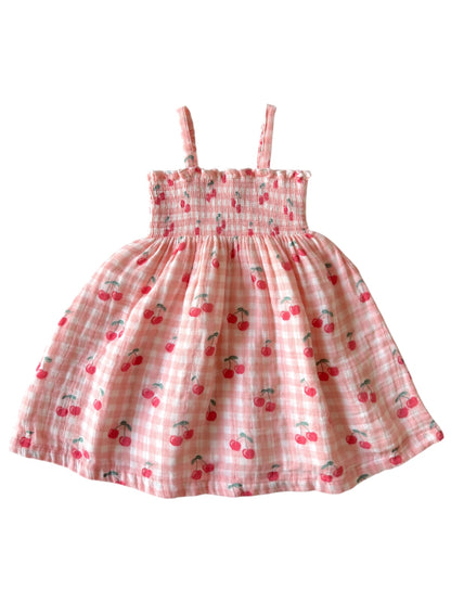 pink gingham dress ladies Gingham Cherries / Muslin Smocked Tube Dress