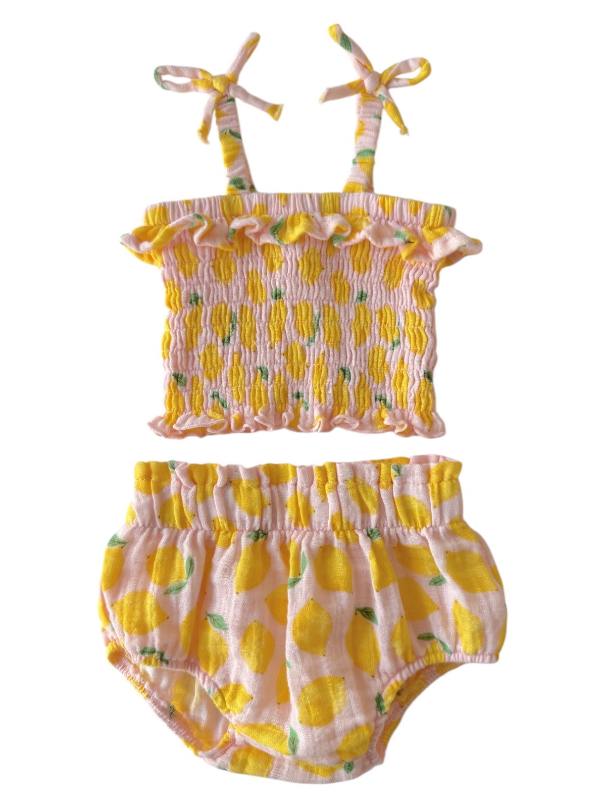 Girls' two-piece lemon print swimsuit set with ruffled top and matching bottoms in pink and yellow.