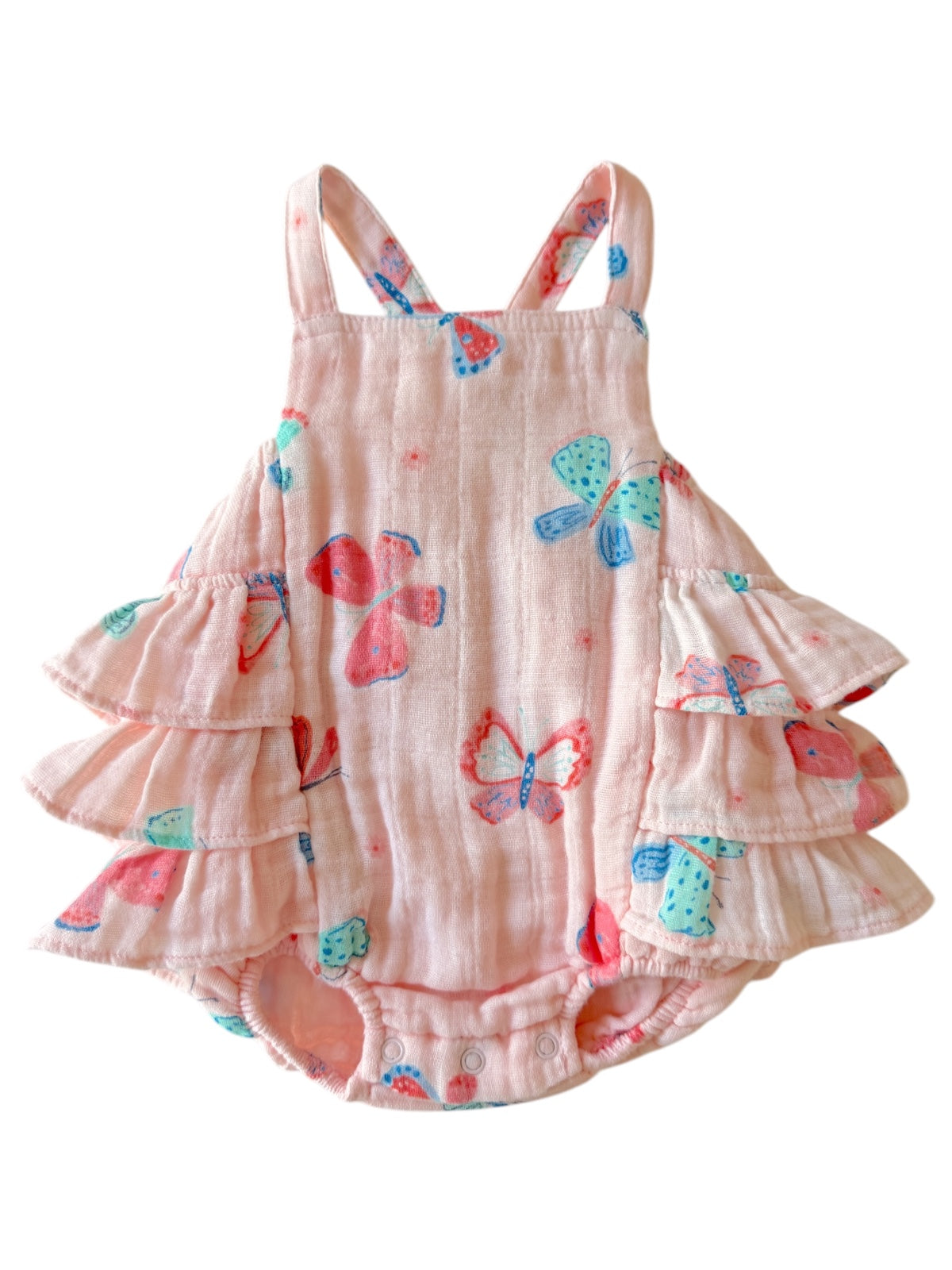 Pink baby romper with butterfly print and ruffled layers, designed for comfort and style.