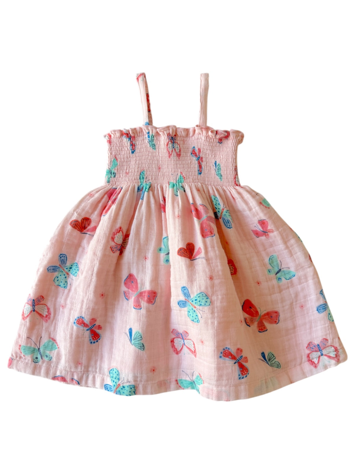 Pink dress with butterfly prints, featuring spaghetti straps and a gathered bodice. Ideal for summer wear.
