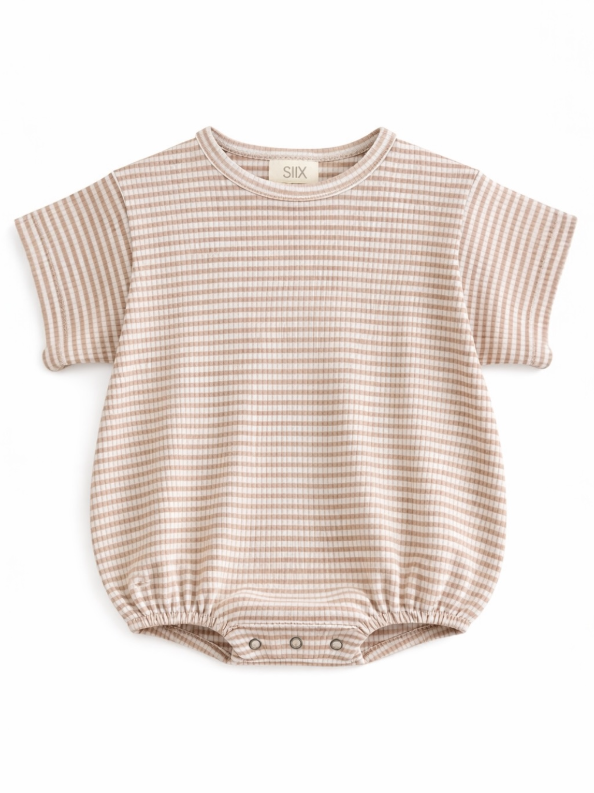 Striped infant onesie in soft beige tones with a gathered bottom and snap closures. Perfect for casual wear.