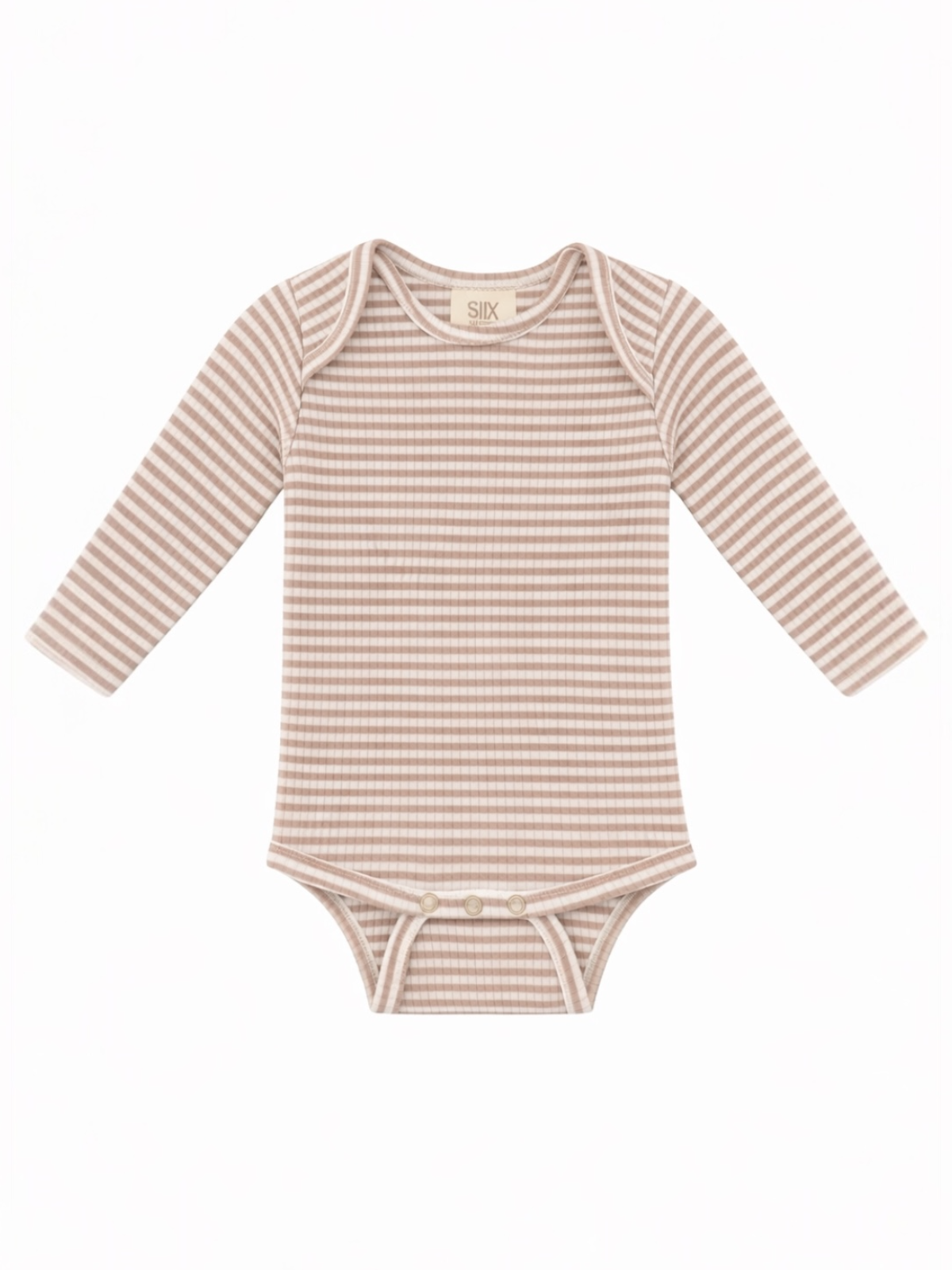 Long-sleeve striped baby bodysuit in soft beige tones with snap closure at the bottom.