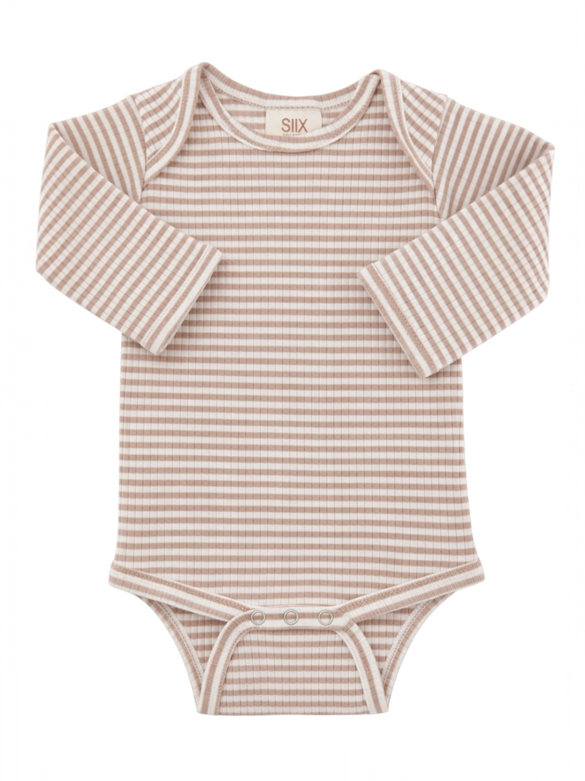 Organic baby bodysuit with long sleeves and cream and beige striped pattern.