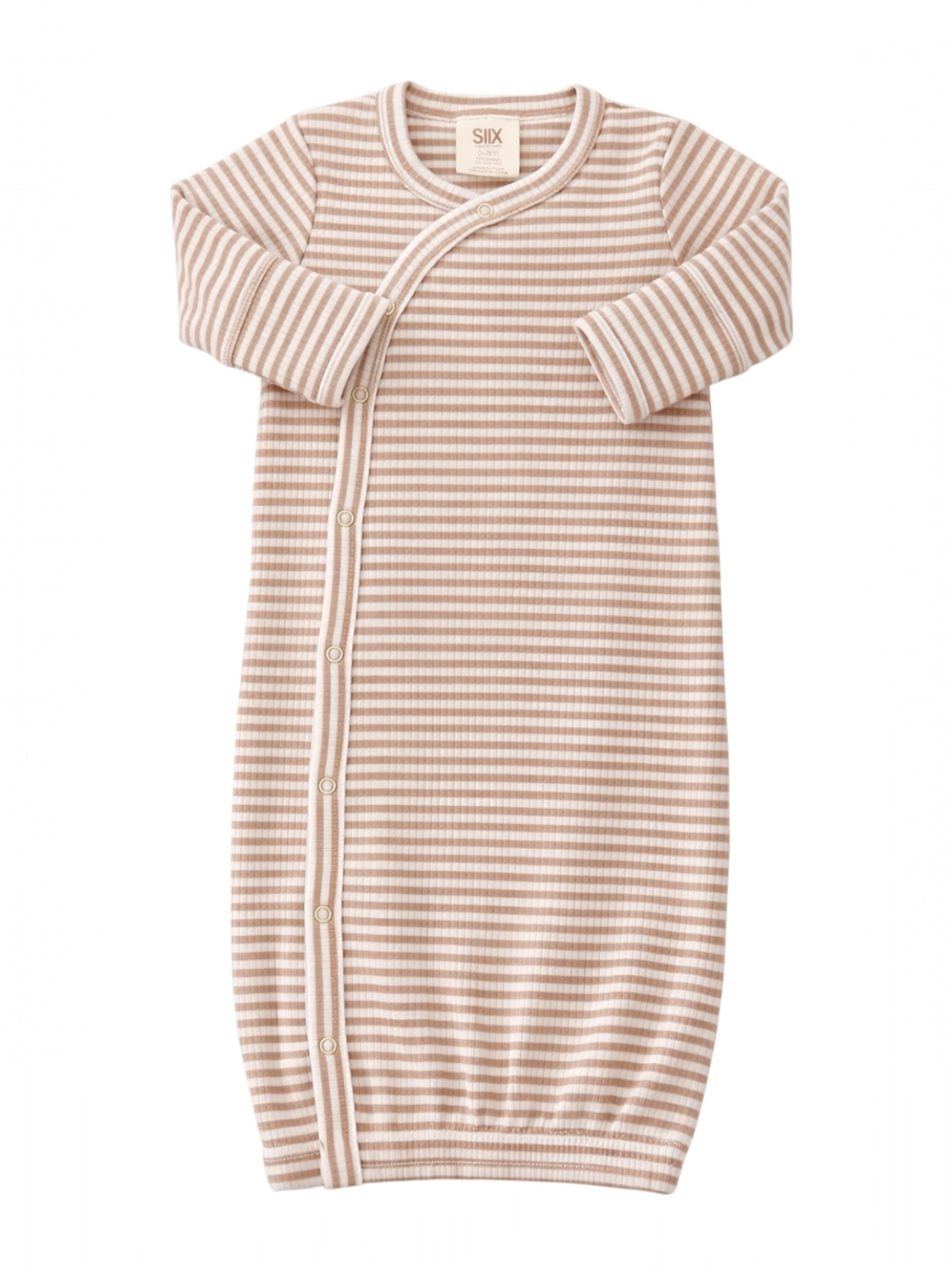 Striped baby gown in soft beige and cream, featuring front snaps and long sleeves for comfort.