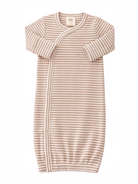 Striped baby gown in soft beige and cream, featuring front snaps and long sleeves for comfort.