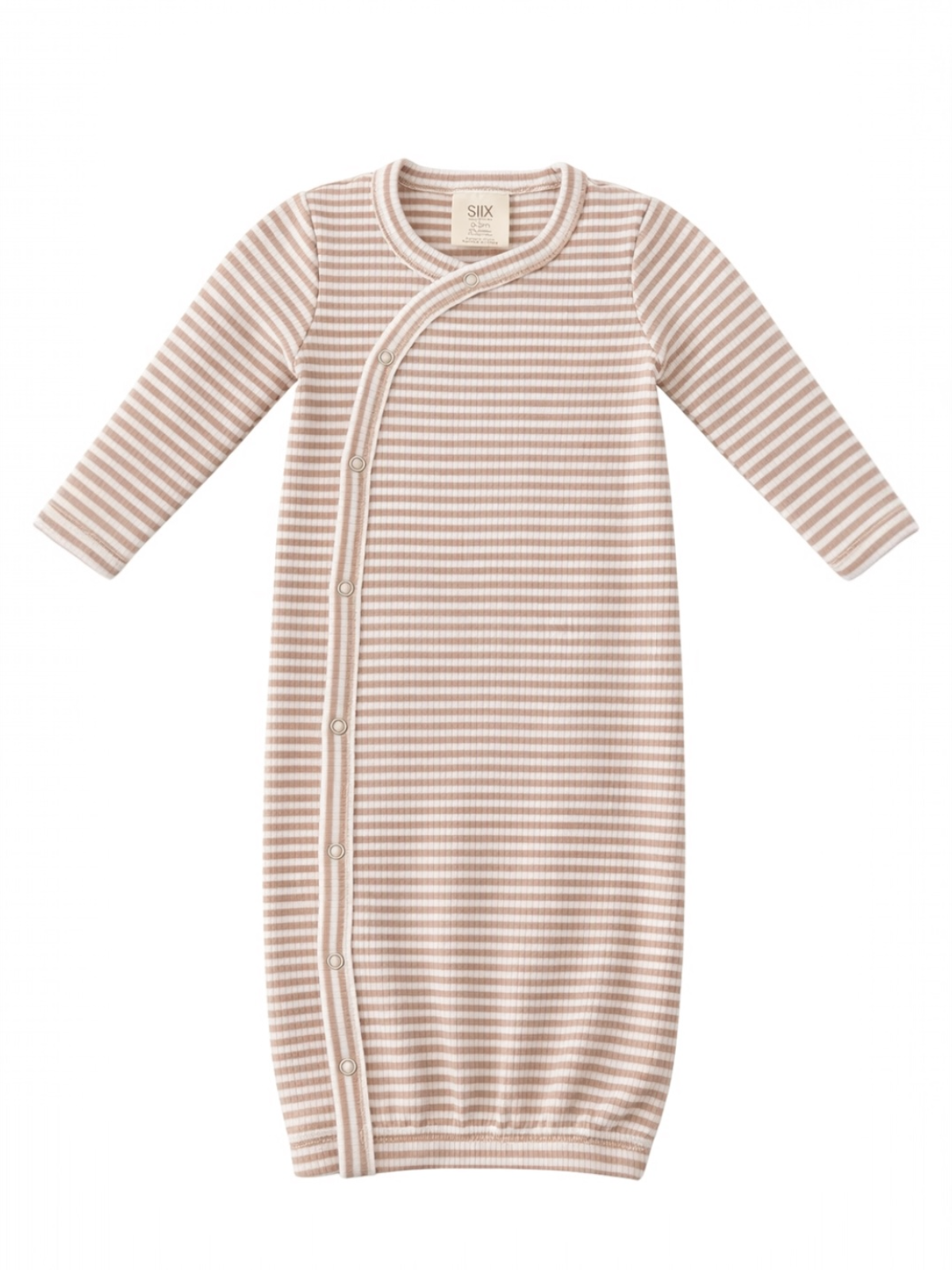 Striped baby gown in soft beige and cream, featuring long sleeves and snap closures for easy dressing.