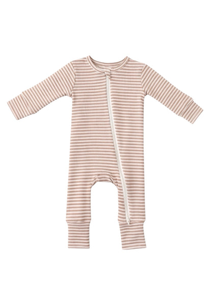 Striped infant romper featuring long sleeves and a front zipper for easy dressing.