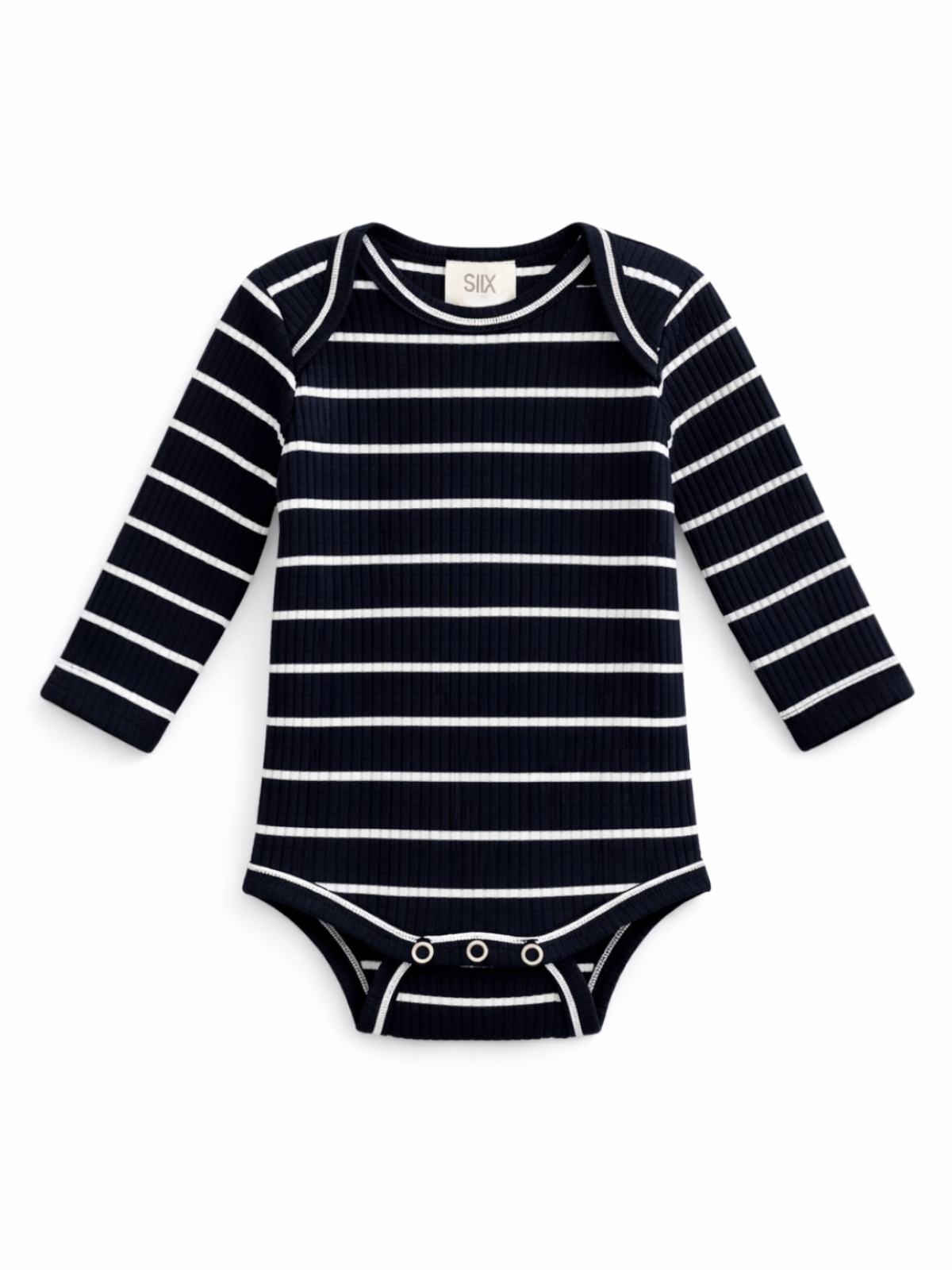 Navy striped long-sleeve baby bodysuit with snap closures at the bottom.