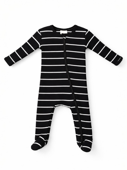 Black and white striped infant onesie with long sleeves and zipper.