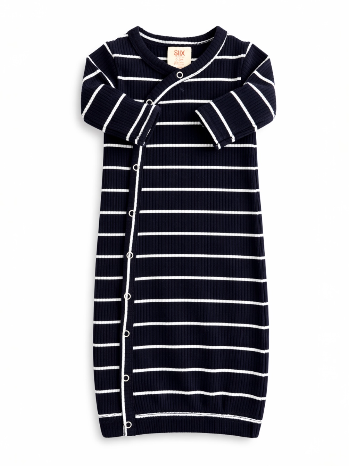 Navy striped baby sleeper gown with white stripes and snap buttons, designed for comfort and easy diaper changes.