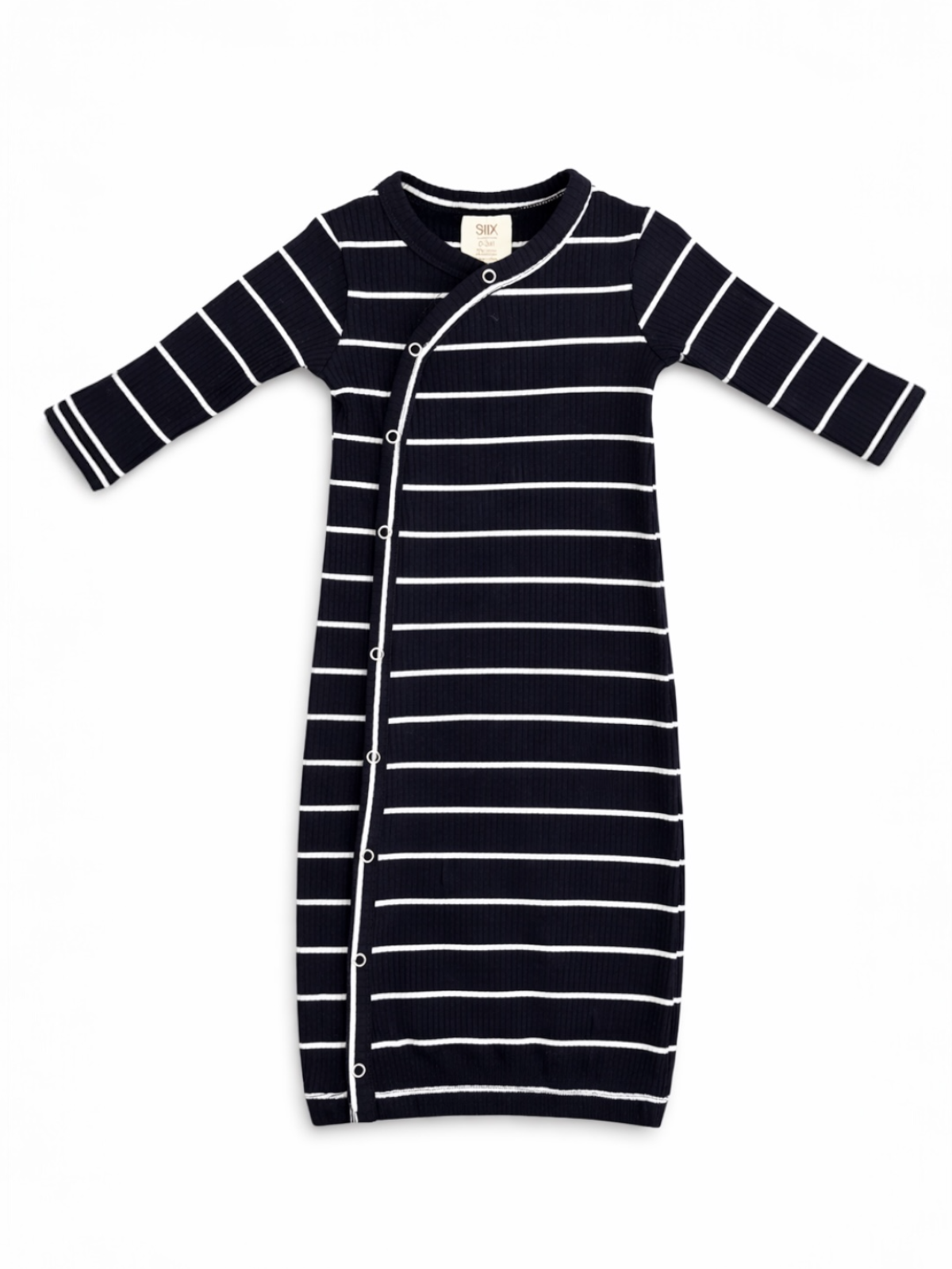 Navy striped dress with long sleeves and snap front closure. Ideal for casual wear.