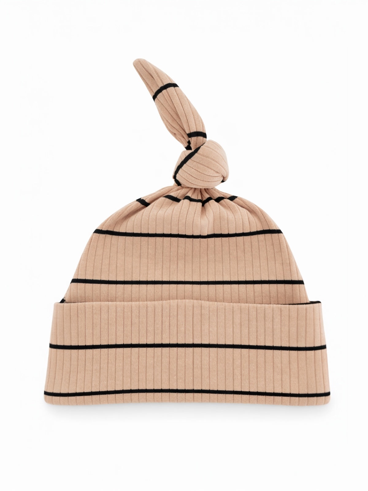 Tan striped beanie hat with a knot on top, perfect for stylish warmth and comfort.