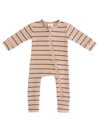 Beige striped baby onesie with long sleeves and a front zipper. Ideal for comfort and style.
