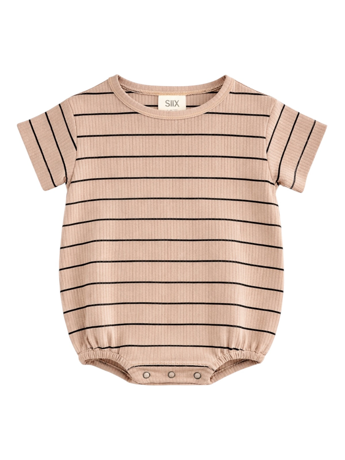 Light pink striped baby onesie with short sleeves and snap closure at the bottom. Ideal for casual wear.
