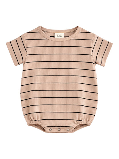 Light pink striped baby onesie with short sleeves and snap closure at the bottom. Ideal for casual wear.