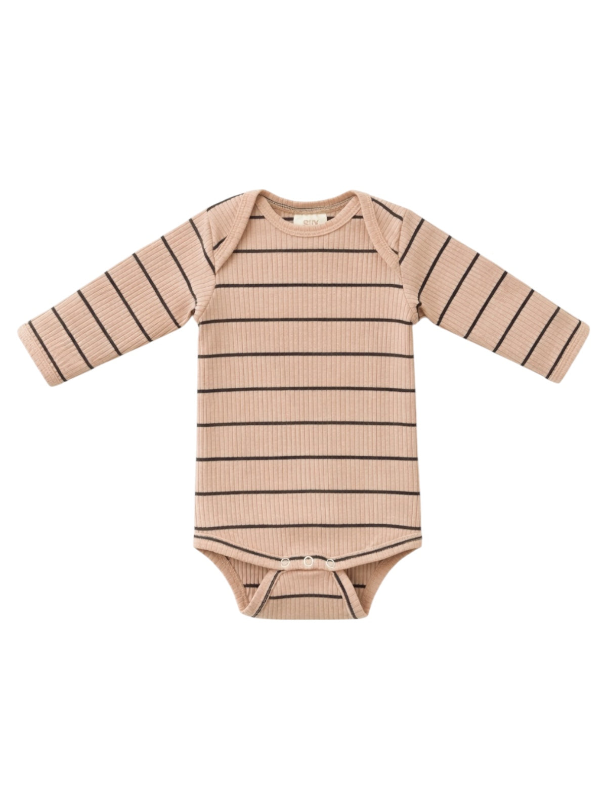 Light pink long-sleeve onesie with black stripes, featuring snap closures at the bottom.