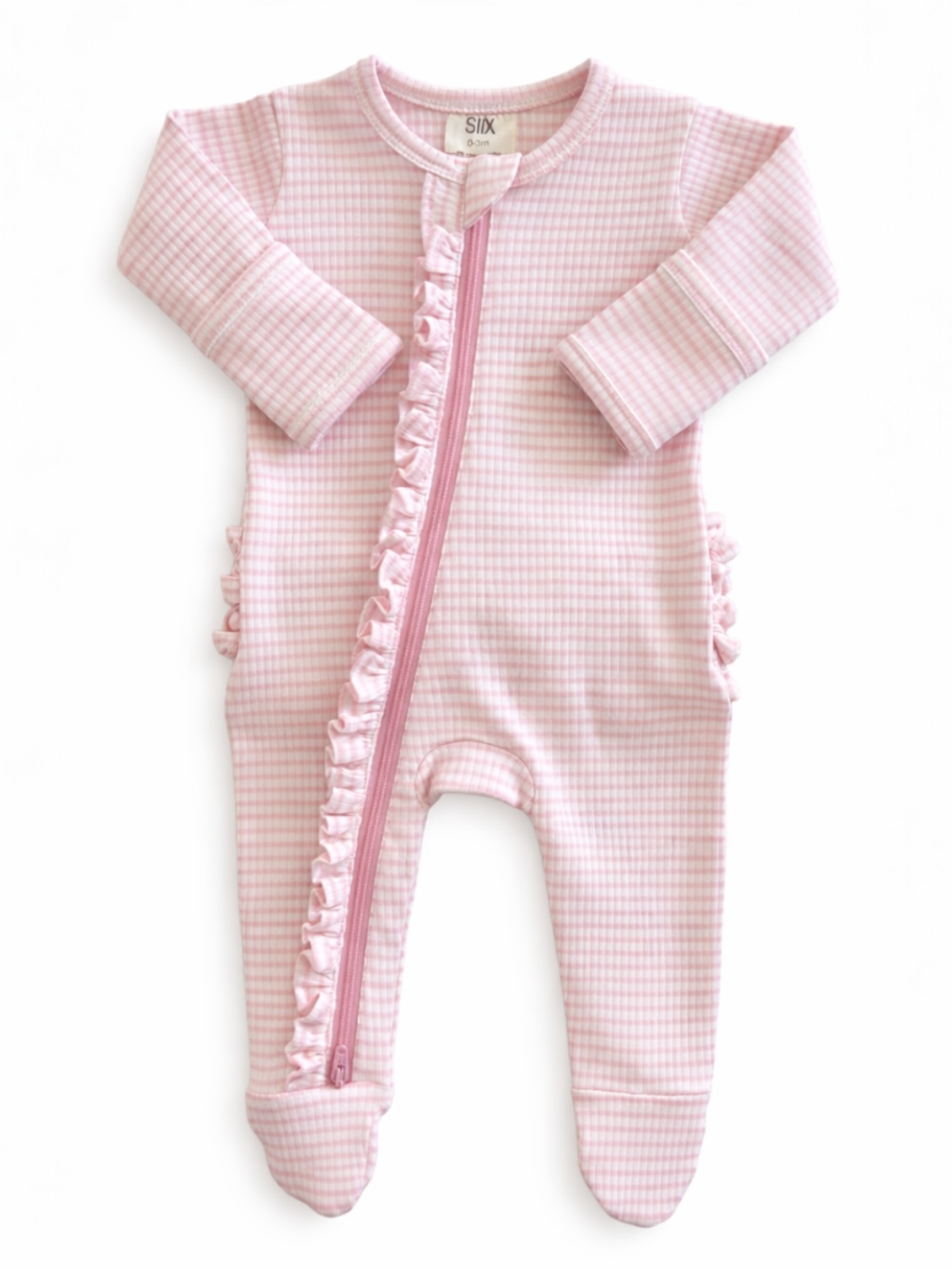 Pink gingham baby onesie with ruffle details and front zipper, perfect for infants.
