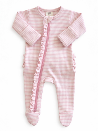 Pink gingham baby onesie with ruffle details and front zipper, perfect for infants.