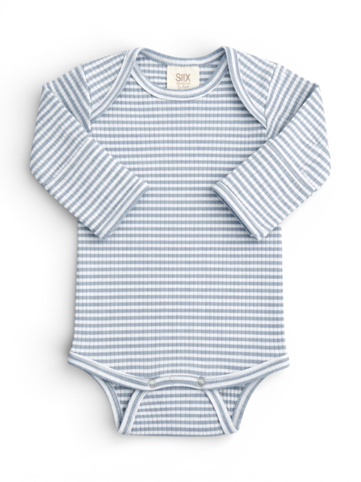Light blue and white striped long-sleeve baby onesie with snap closures at the bottom.