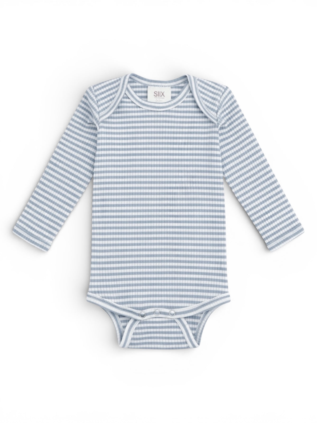 Light blue and white striped long-sleeve baby bodysuit with snap closures at the bottom.
