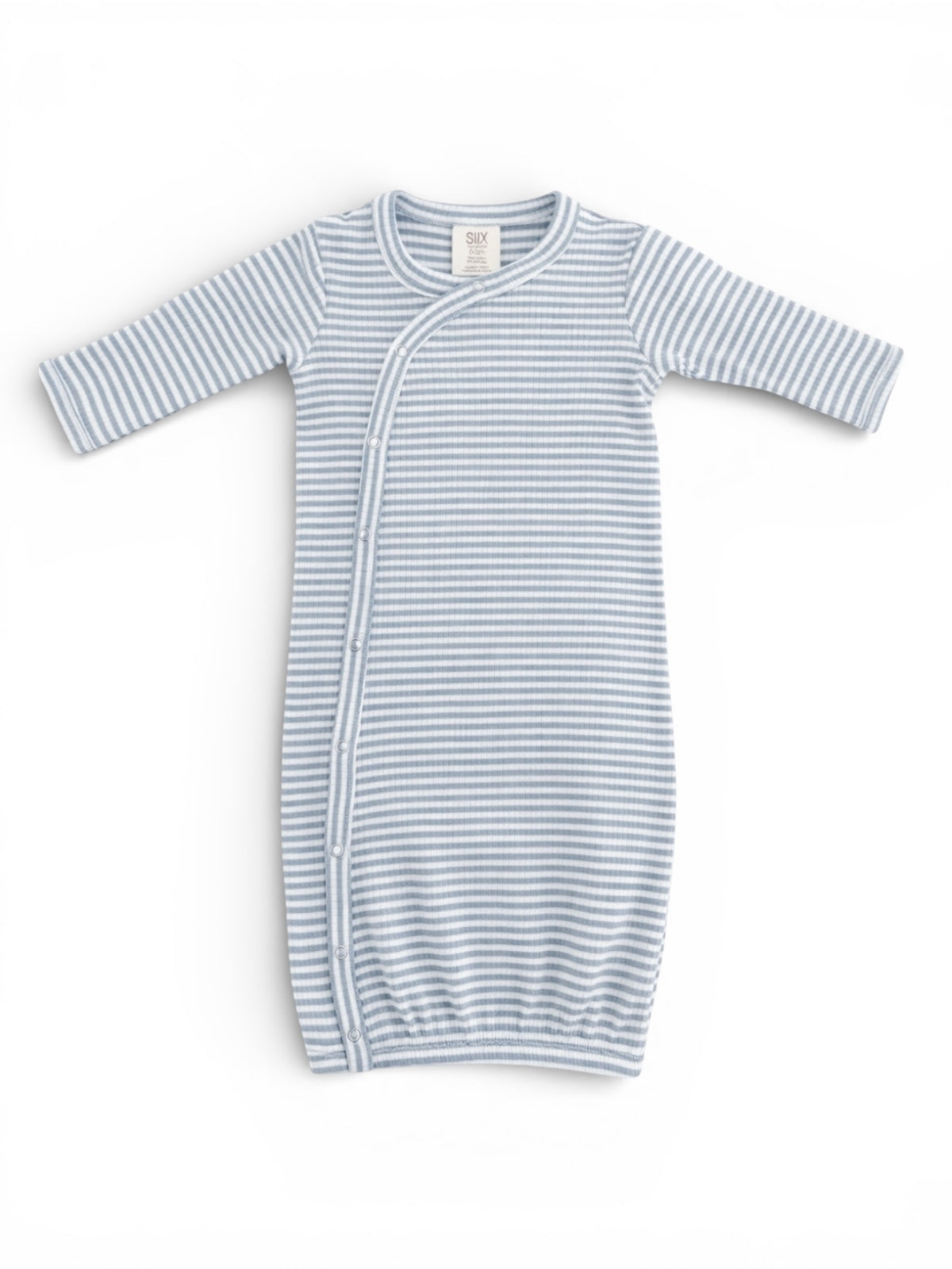 Light blue striped newborn gown with long sleeves and snaps for easy diaper changes. Ideal for cozy comfort.