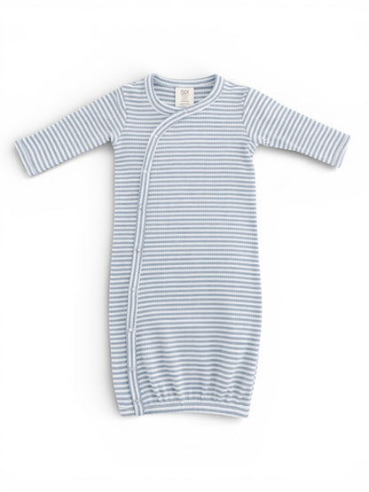 Light blue striped newborn gown with long sleeves and snaps for easy diaper changes. Ideal for cozy comfort.