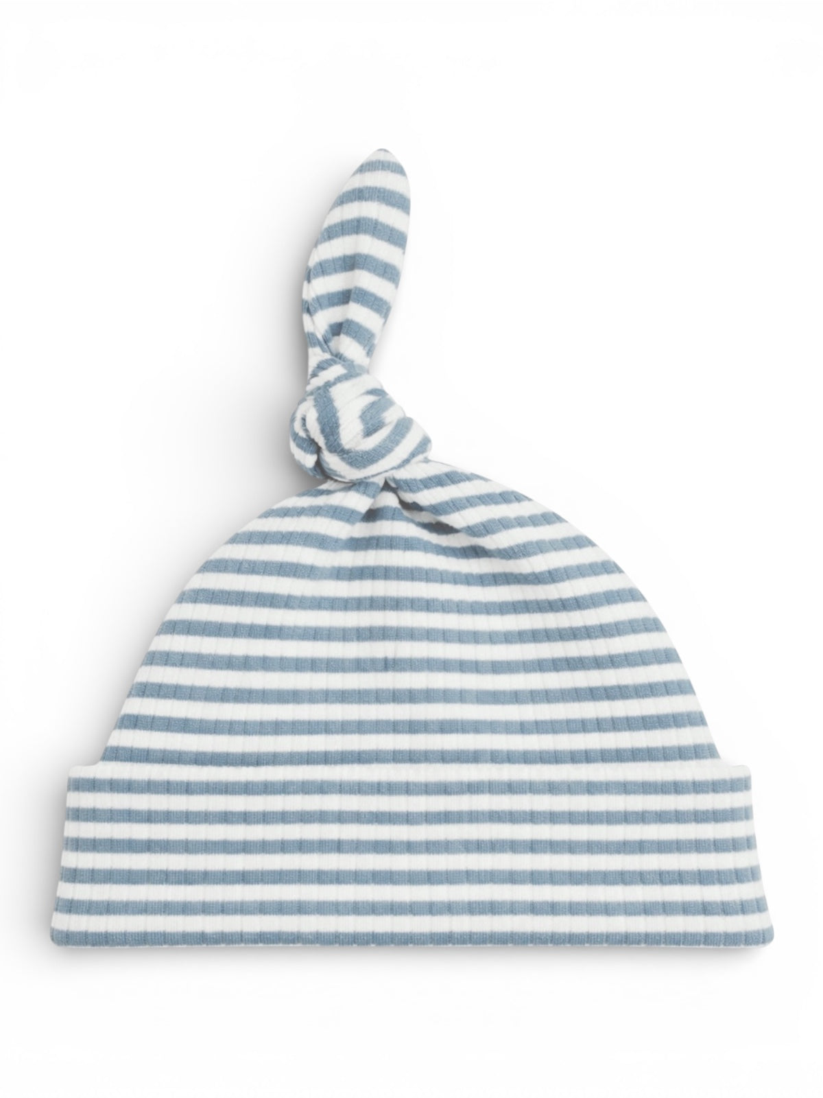 Striped blue and white baby hat with a knot on top, designed for comfort and style.