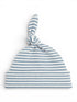 Striped blue and white baby hat with a knot on top, designed for comfort and style.