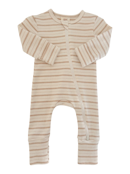 Striped baby onesie with a front zipper and long sleeves, designed for comfort and ease of wear.
