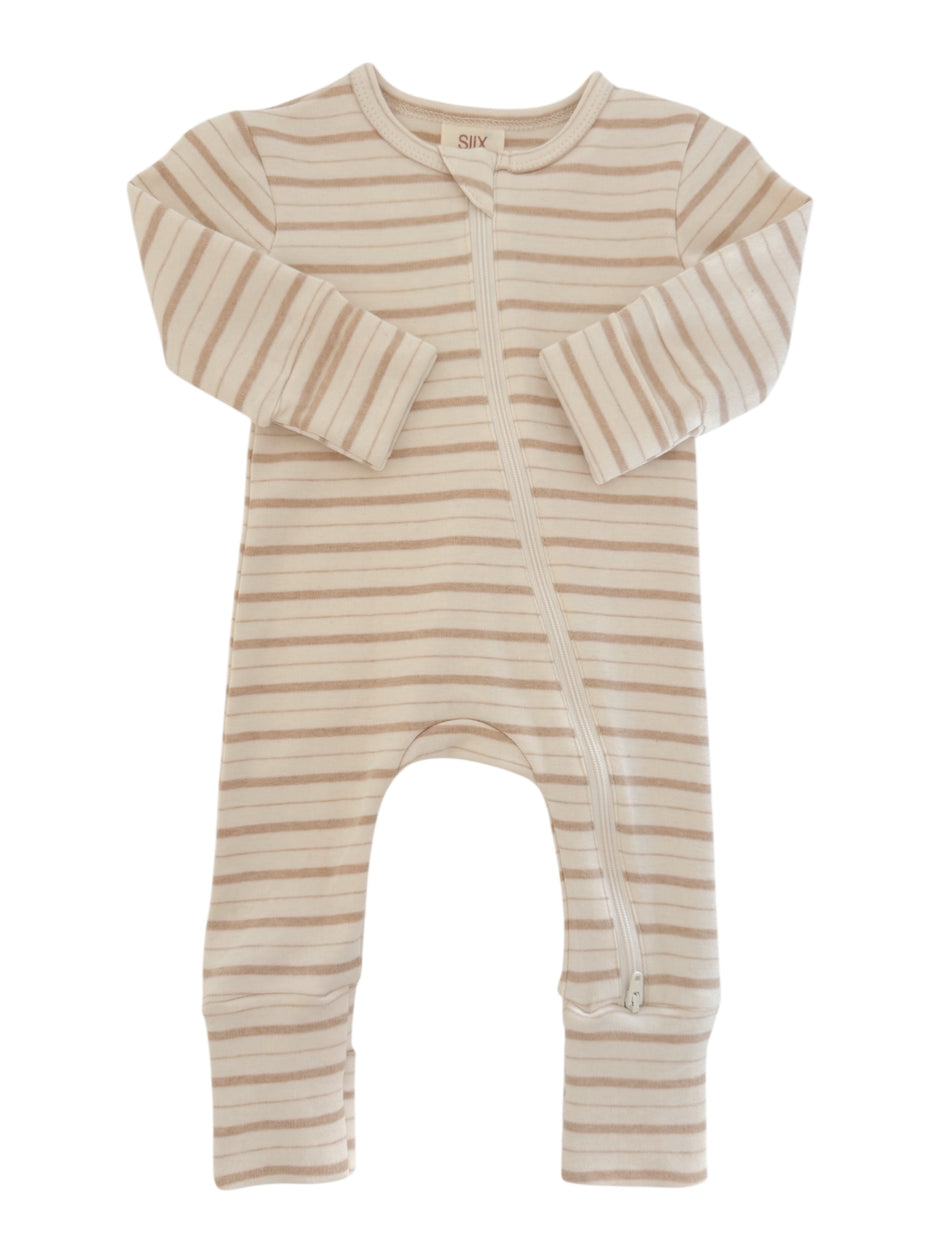 Striped baby onesie with a front zipper and long sleeves, designed for comfort and ease of wear.