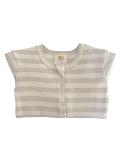 Gray and white striped baby onesie with a front zipper, made from 100% organic cotton. Sizes 0-3 months.