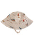 Beige bucket hat with colorful bird prints, featuring a wide brim and chin strap. Ideal for sun protection.