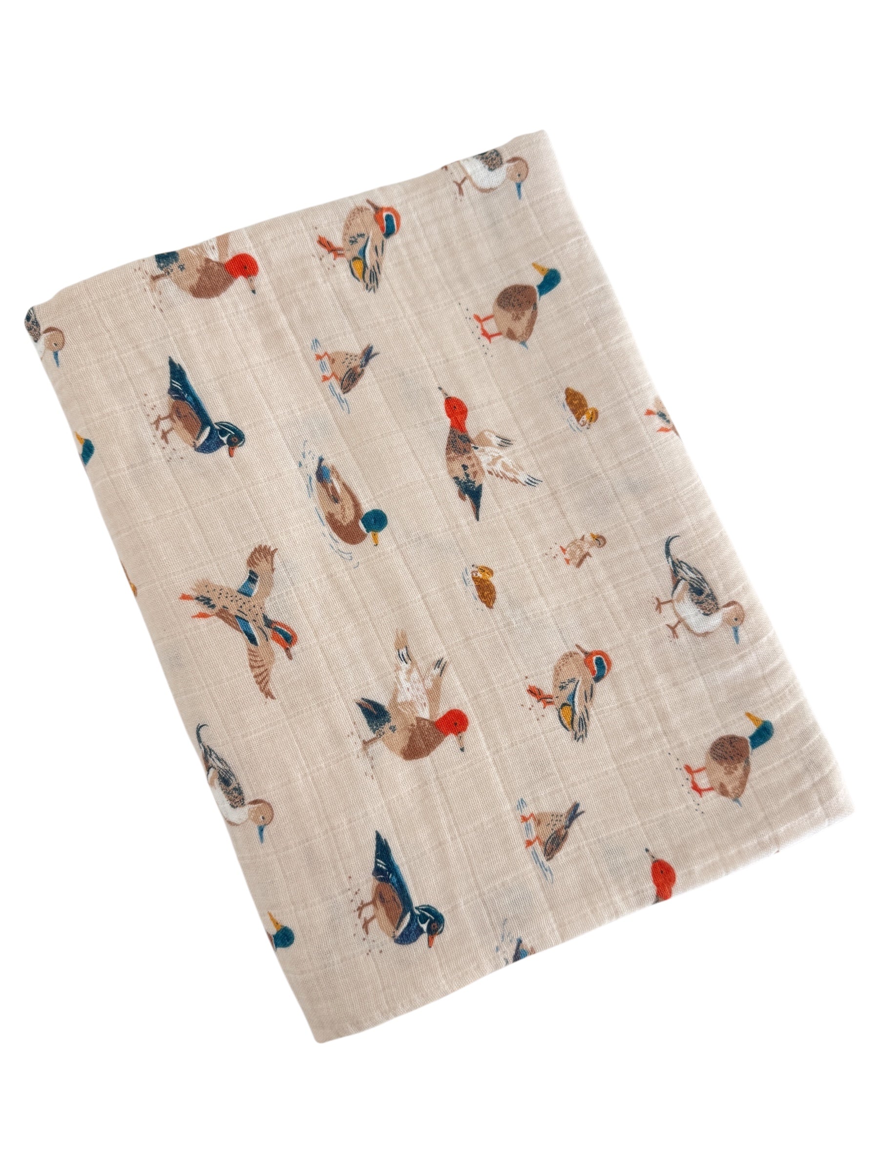 Fabric with a light beige background featuring colorful bird illustrations in various poses.