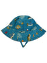 Blue bucket hat with fish and fishing gear patterns, perfect for outdoor activities.