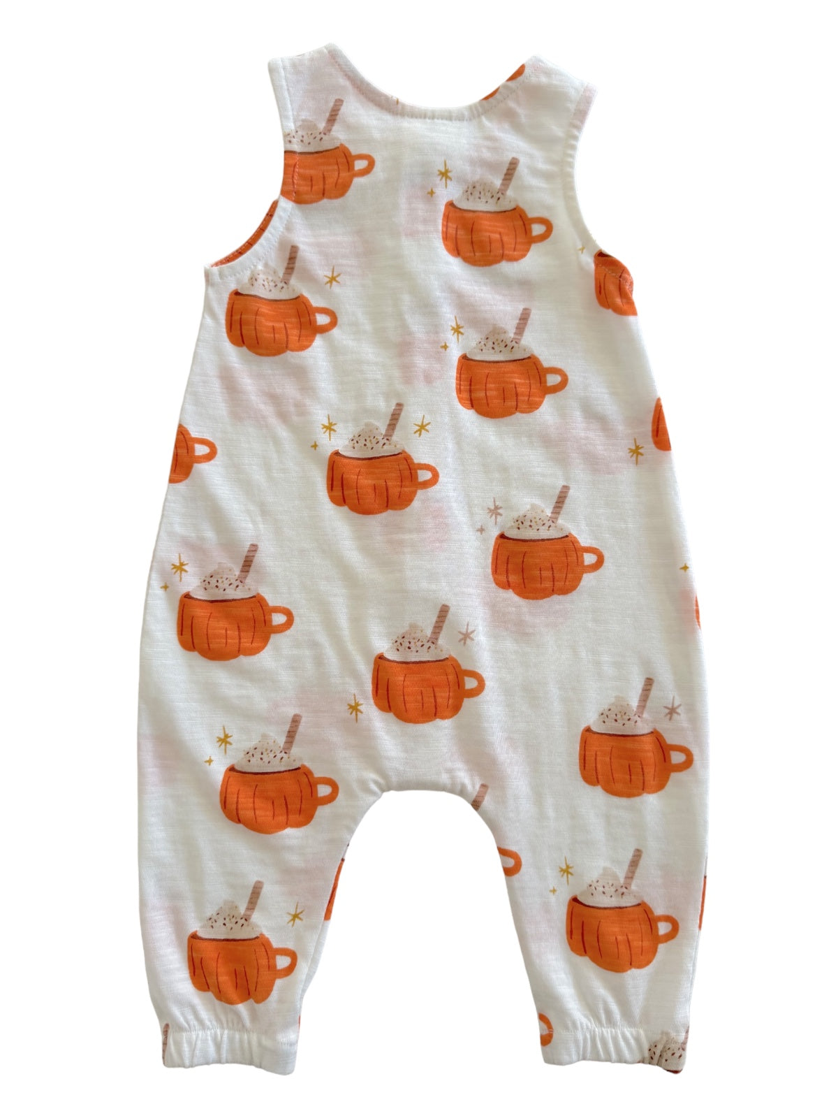 Toddler romper with orange mugs and whipped cream pattern on a light background. Perfect for fall fashion.
