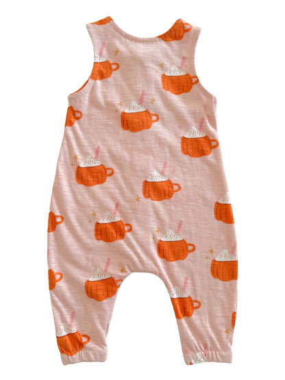Pink romper with orange pumpkin mugs and white whipped cream design, ideal for cozy fall wear.